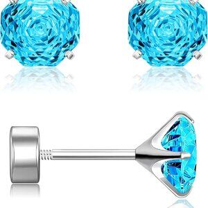 Blue hypoallergenic ASTM F136 Titanium screw-on stud earrings with rose cut cubi